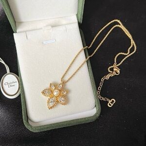 SOLD Vintage Christian Dior Crystal Flower Pearl Rhinestone Gold Chain Necklace